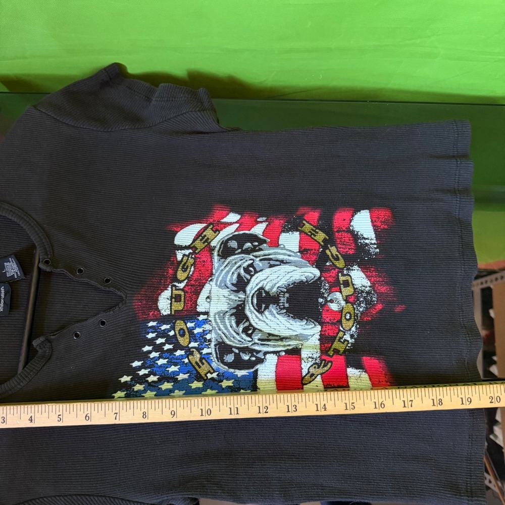 90s VTG Xhilaration Women Ribbed Henley Tee Bulldog Dog American Flag Gray Large - Picture 5 of 5